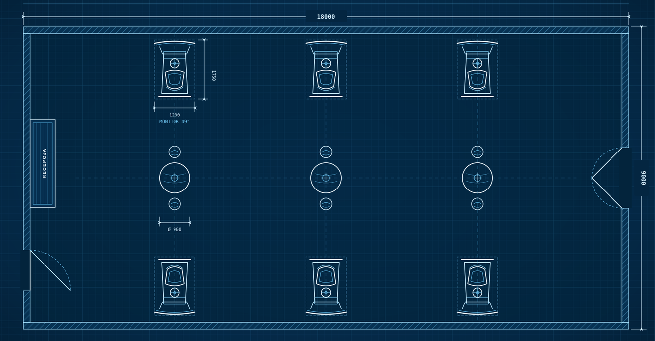 18 by 9 metre technical floor plan with six racing simulators